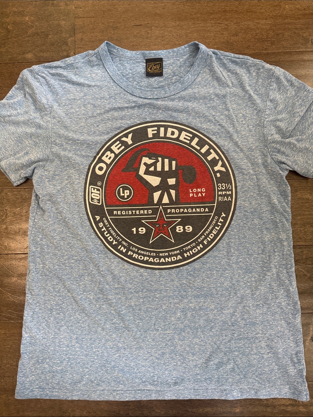 Obey Blue Heather Fidelity Graphic Tee with Red Accent men’s large